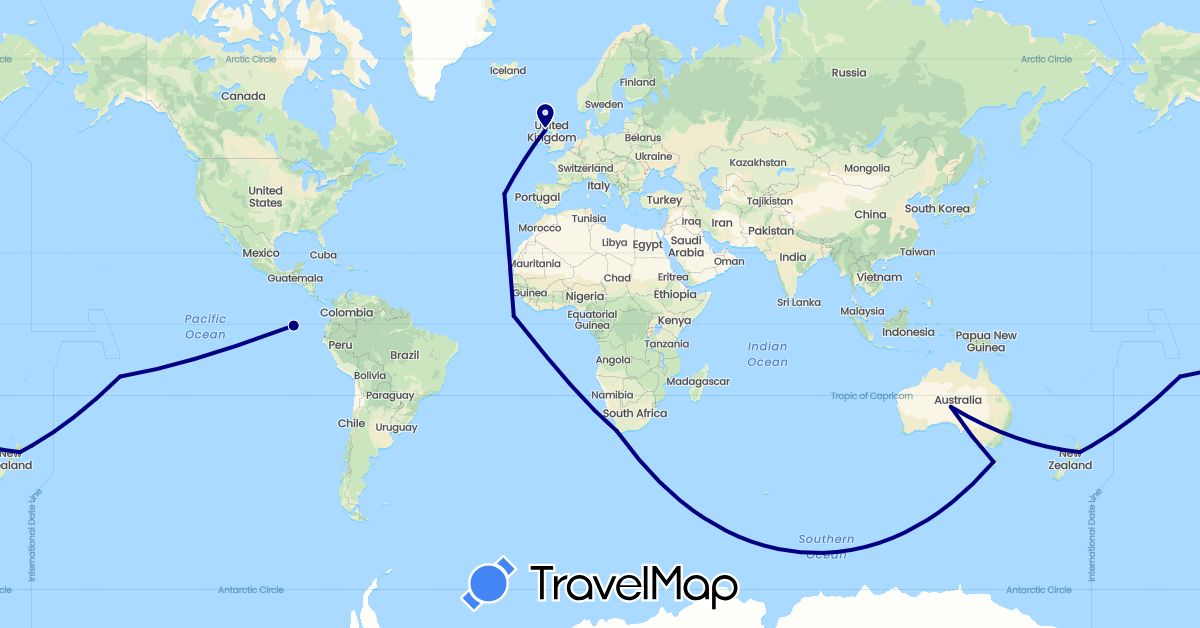 TravelMap itinerary: driving in Australia, Ecuador, France, United Kingdom, New Zealand, South Africa (Africa, Europe, Oceania, South America)
